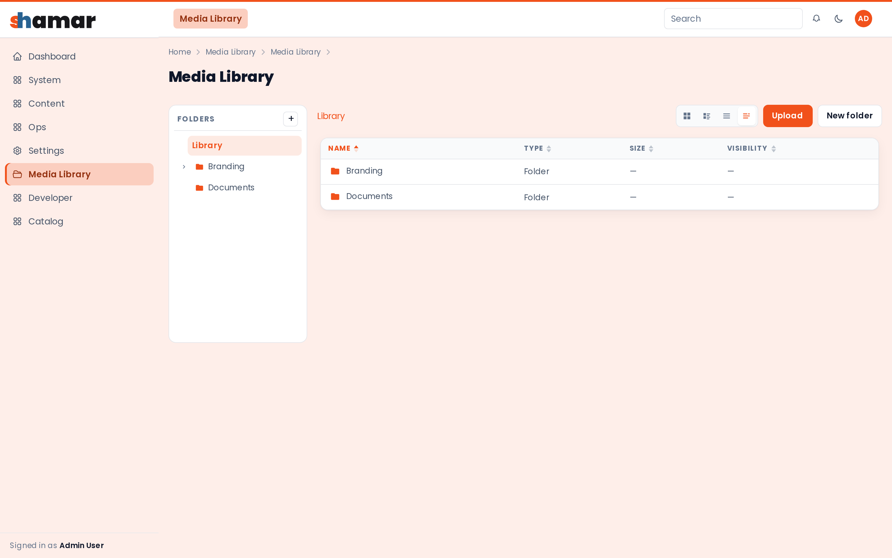 Media library with folders and file grid