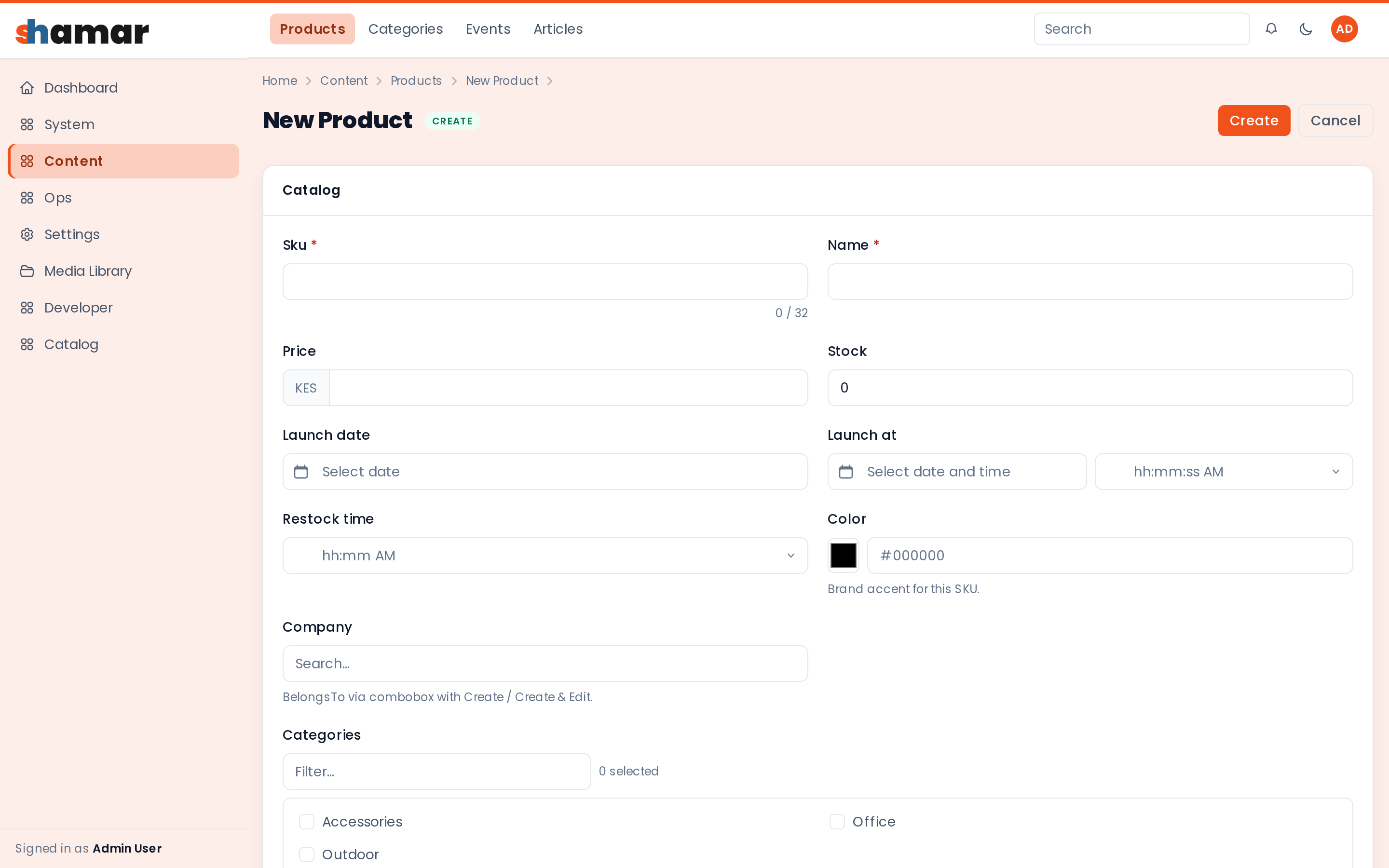 Create product form with sections, tabs, and field widgets