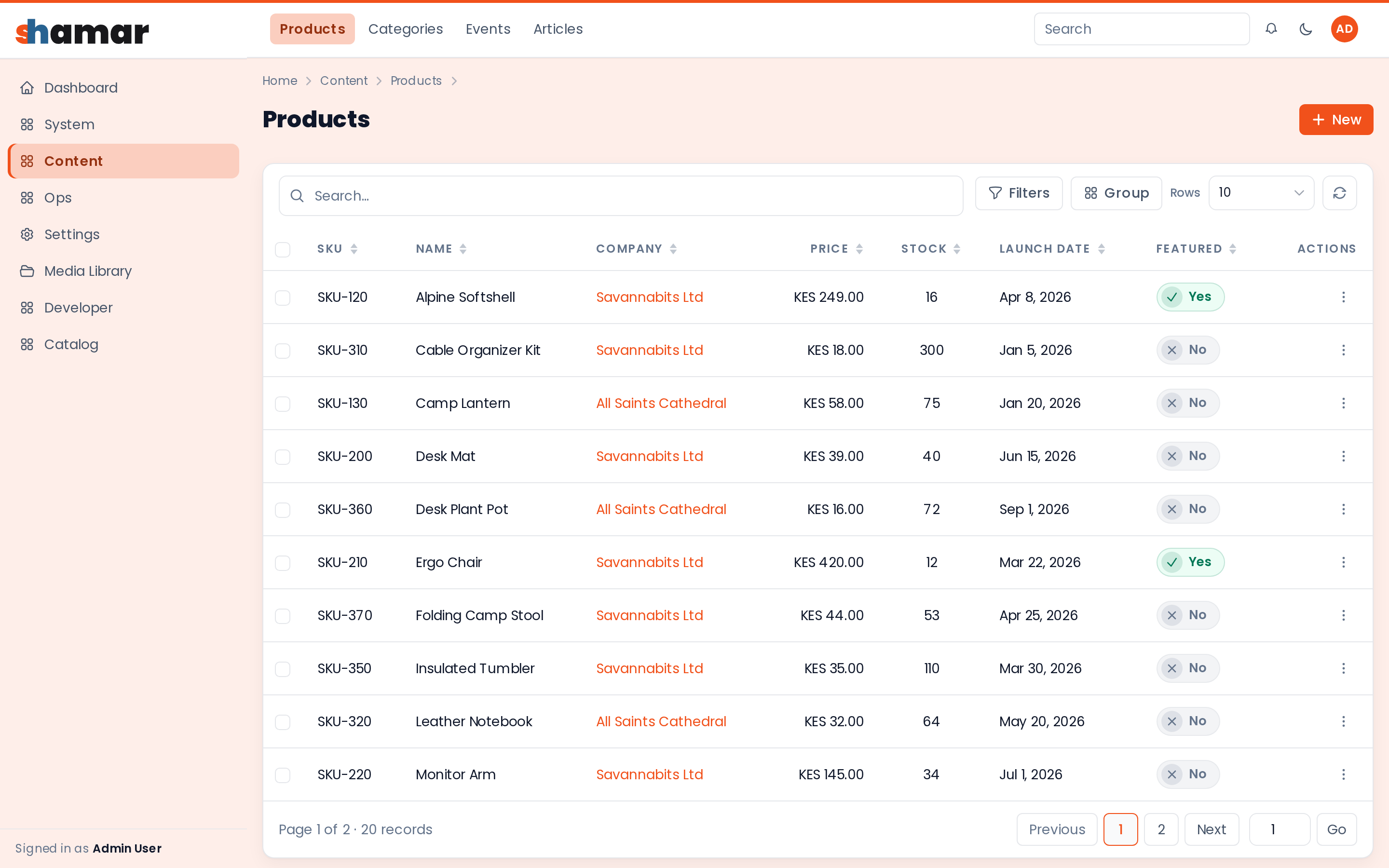 Product list with search, filters, and sortable columns