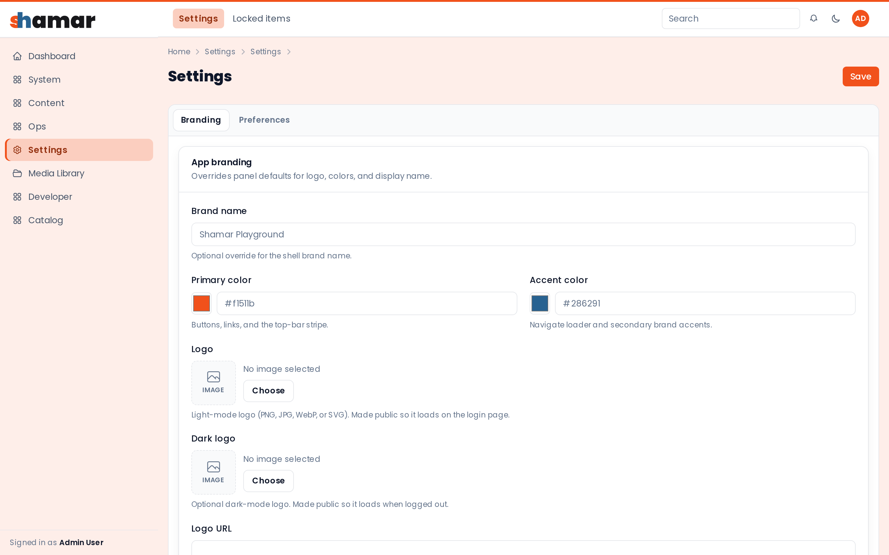 Settings page with Branding and Preferences tabs